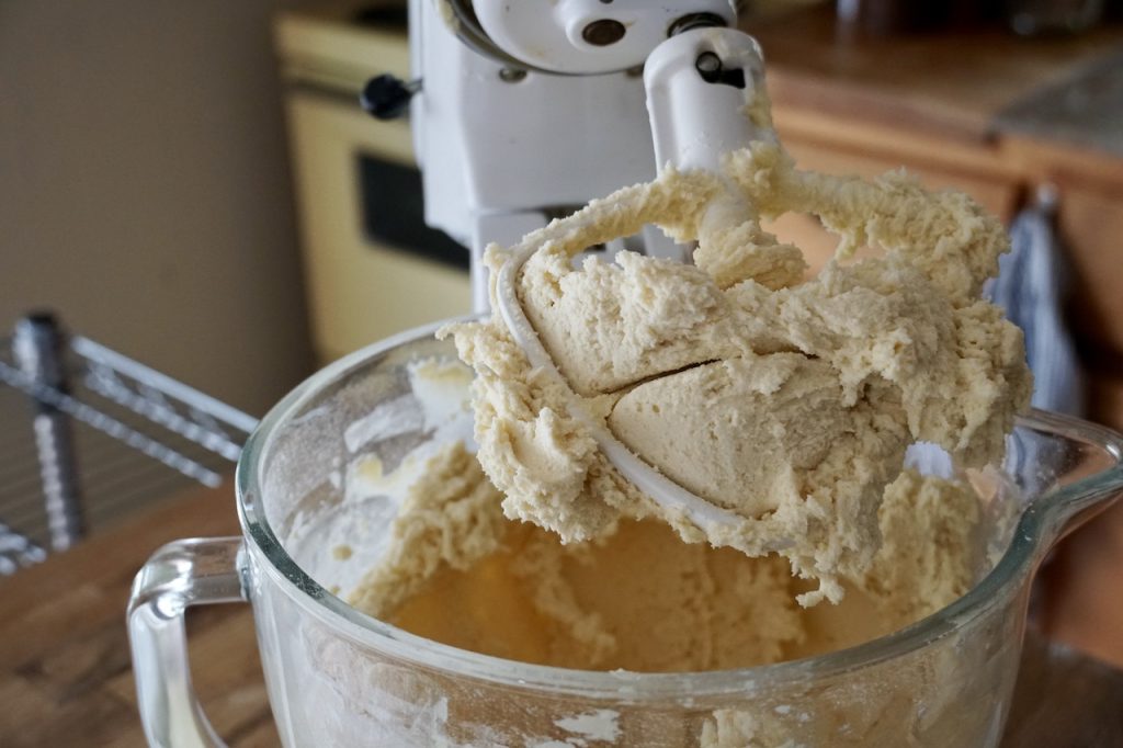 The shortbread cookie dough after being blended together.