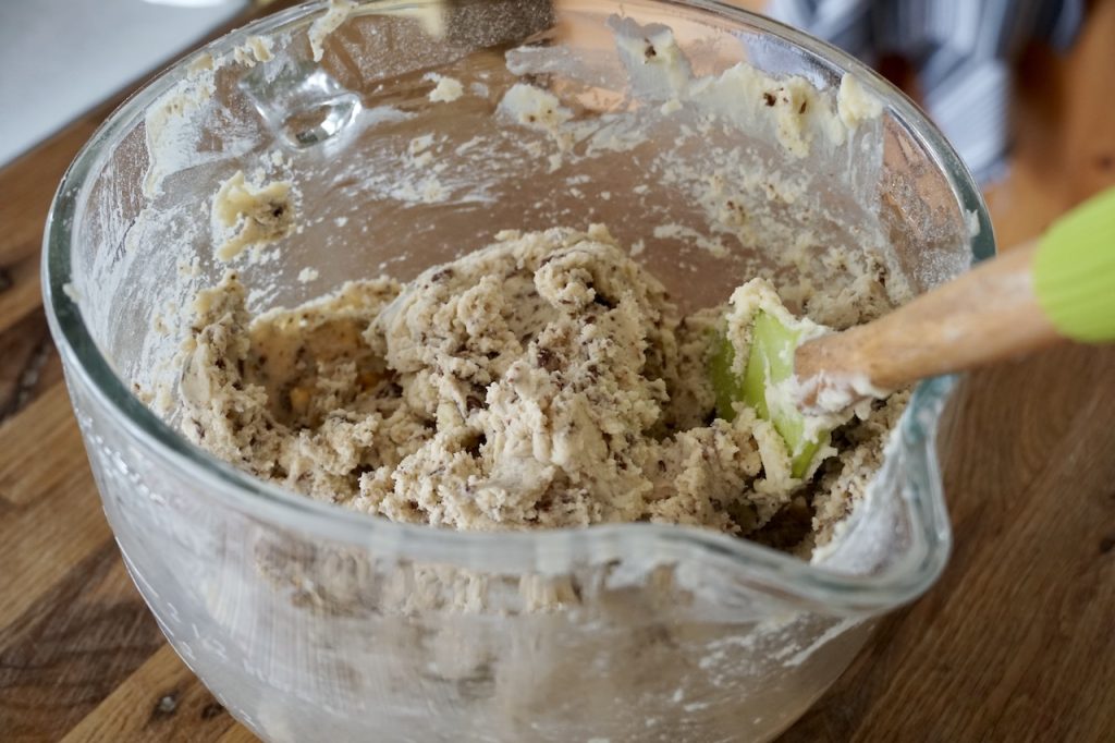 The chocolate shortbread dough mixed together.