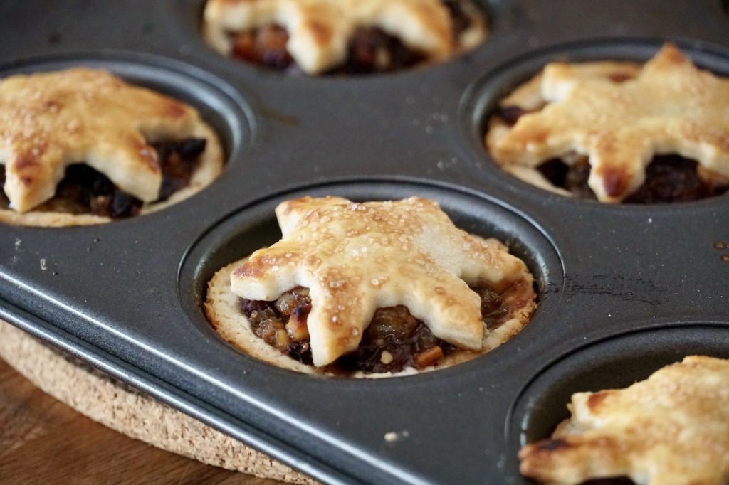 A closeup of of a freshly baked Individual Mince Pie.