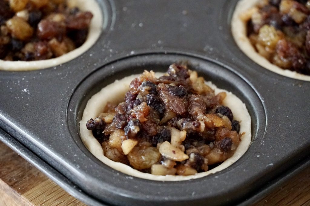 A close up of one of the cups filled with homemade mincemeat.