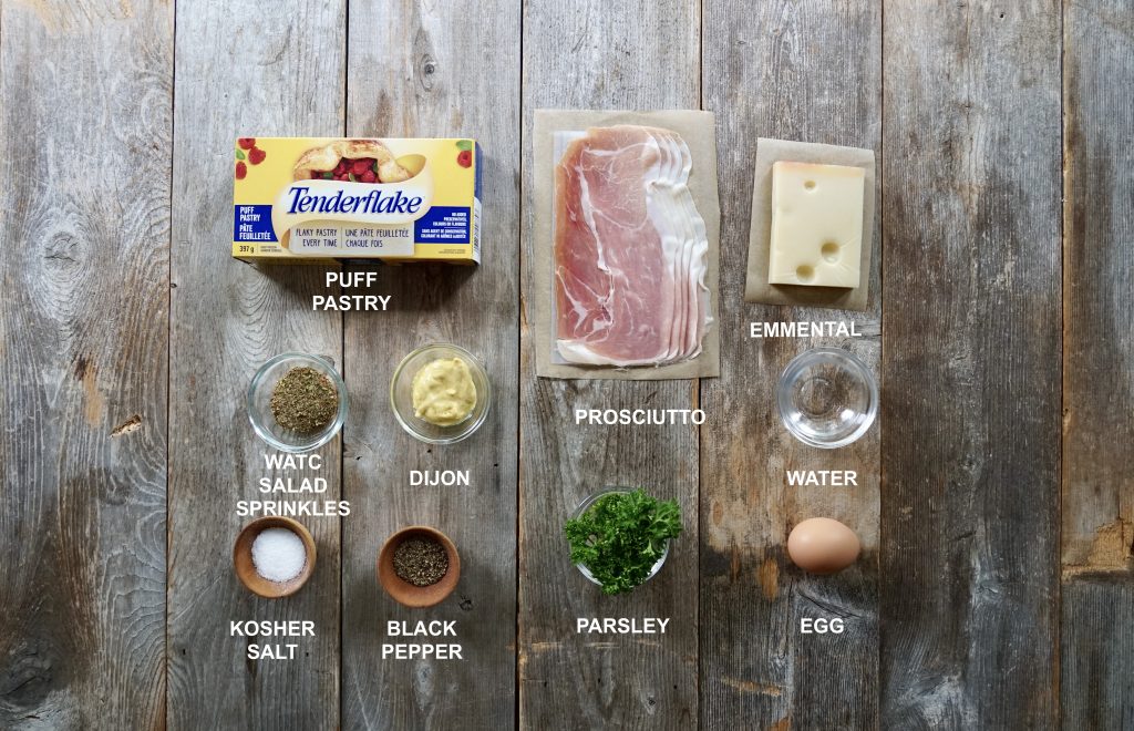 The ingredients needed to make puff pastry palmiers laid out and labelled.