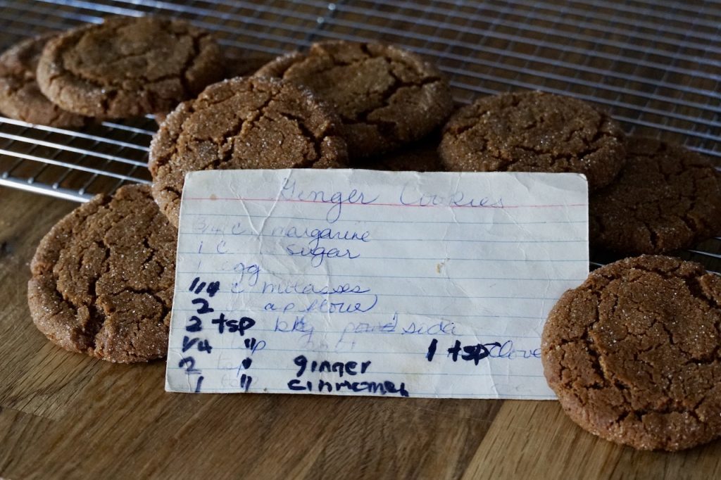 Barb's original recipe card for Soft and chewy ginger cookies.