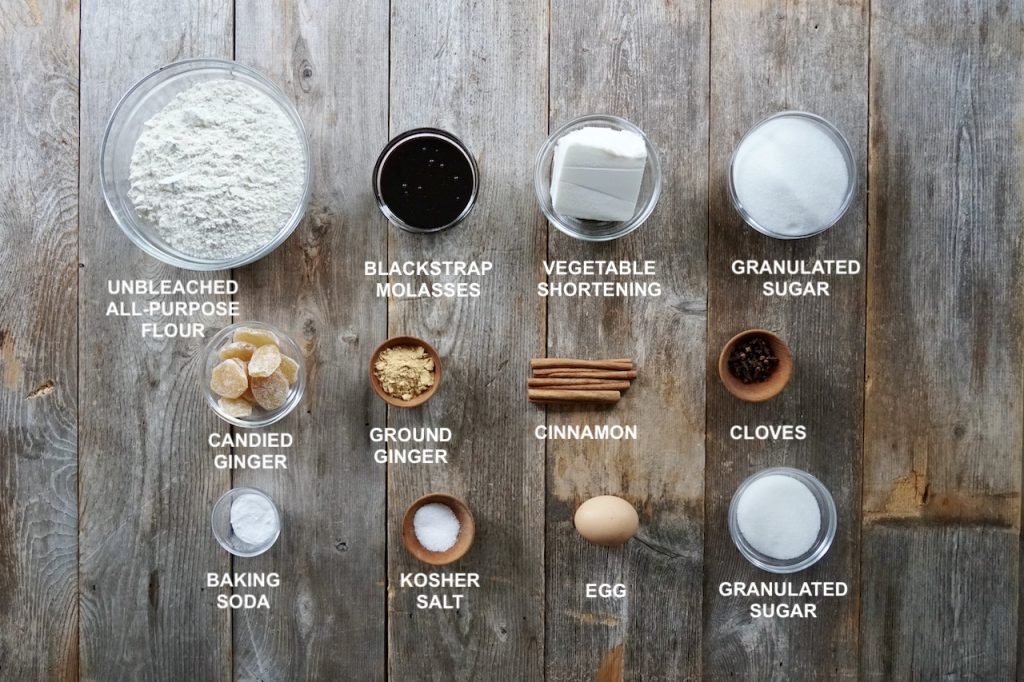 All of the ingredients needed to make soft and chewy ginger cookies.