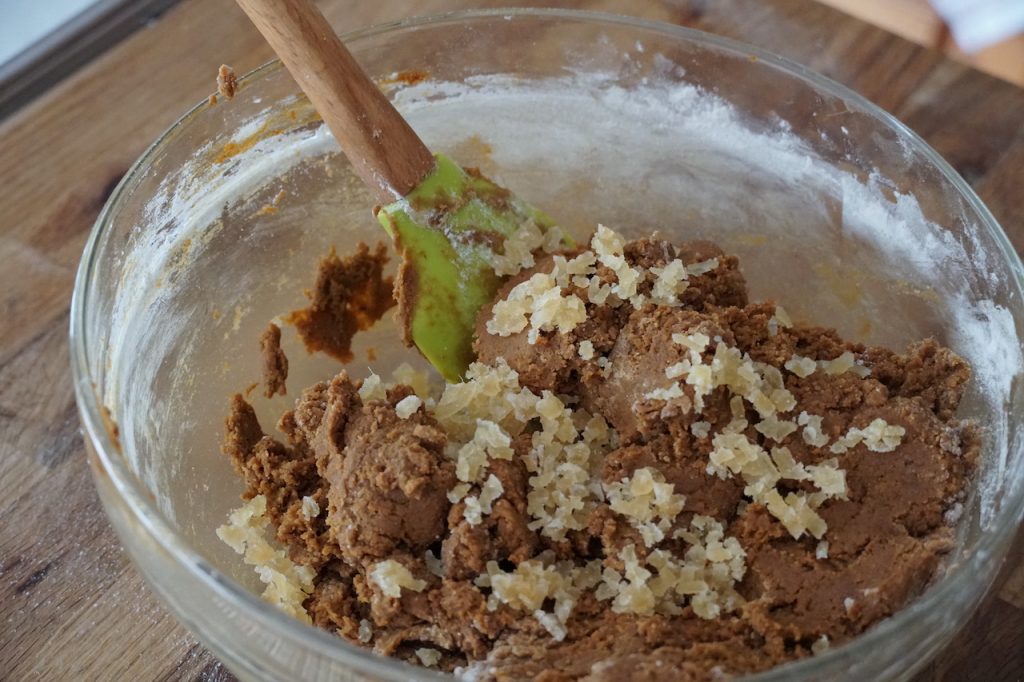 The ginger cookie dough with candied ginger sprinkled on top.
