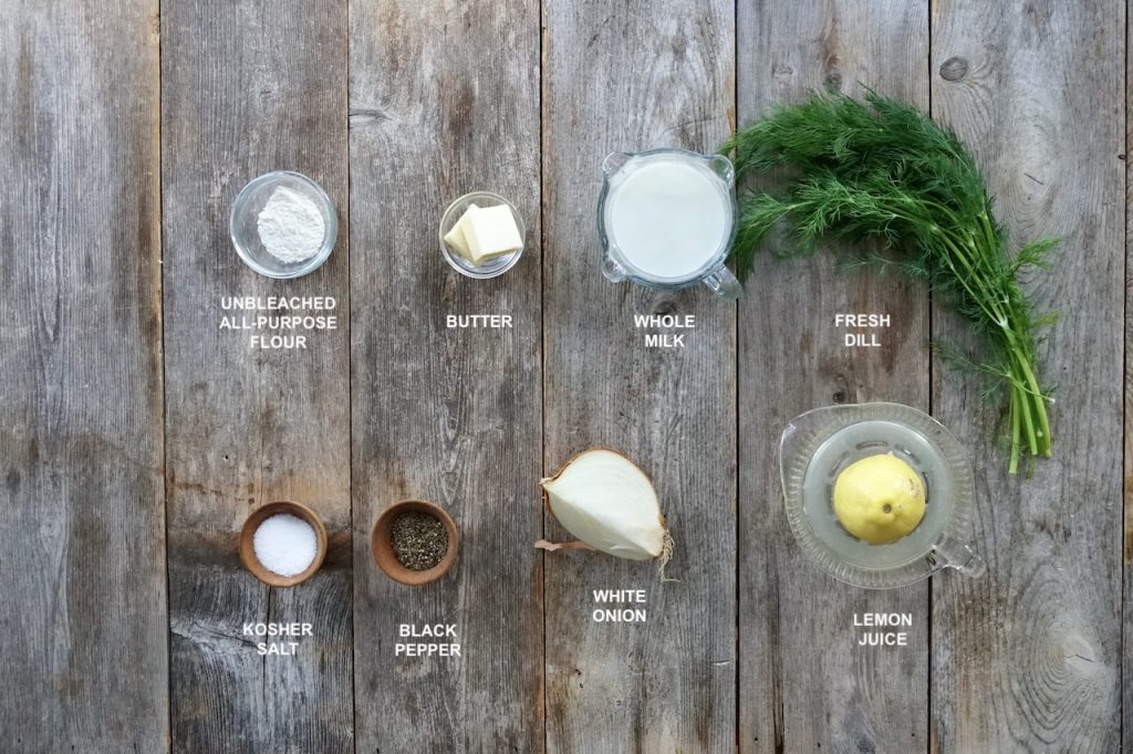 All of the ingredients needed to make a creamy Lemony Dill Sauce.