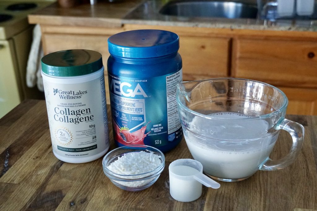 Unsweetened almond milk, shredded coconut, protein powder and collagen powder.