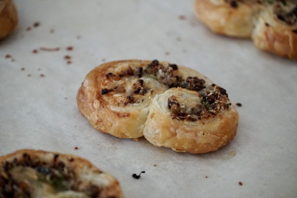 One of the baked puff pastry appetizers fresh from the oven.