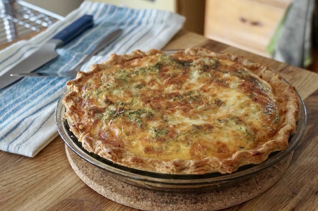 Homemade Smoked Salmon Quiche cooling, before being cut and served.