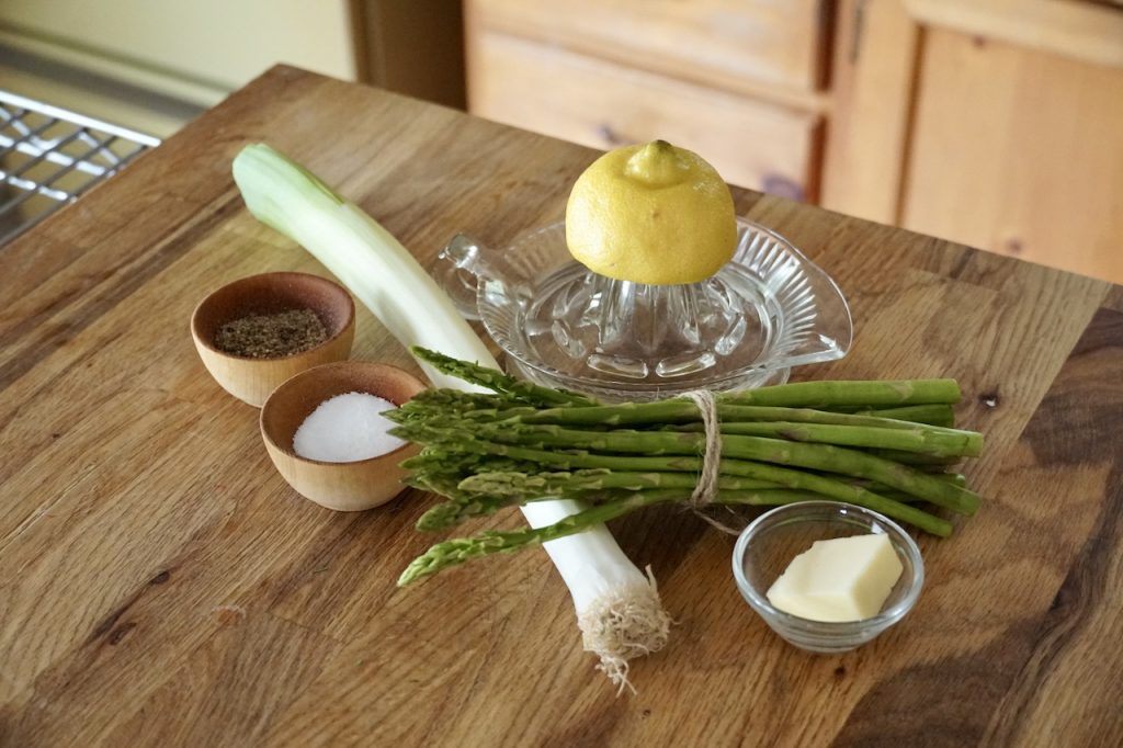 Filling ingredients include asparagus, leeks, butter, lemon juice and seasoning.