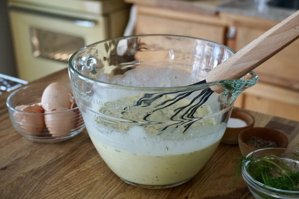 The custard for the quiche after being whisked together.