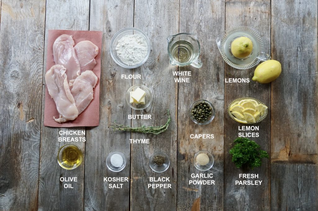 All of the ingredients for the Lemony Chicken Piccata recipe laid out.