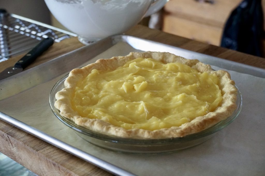 The lemon custard transferred into the prepared crust.