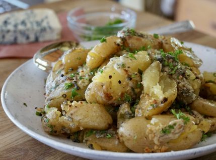 Smashed potatoes with Blue Cheese.