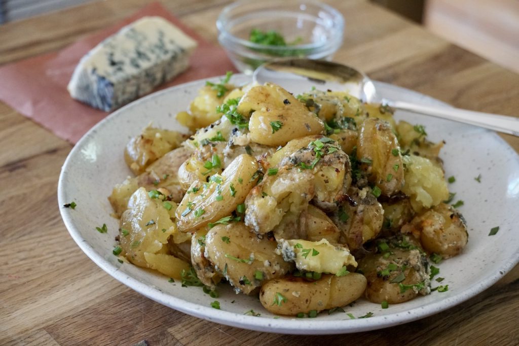 Smashed potatoes with Blue Cheese.