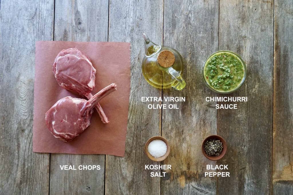 Ingredients needed to make Grilled Veal Rib Chips include: veal chops, extra virgin olive oil, kosher salt and cracked black pepper.