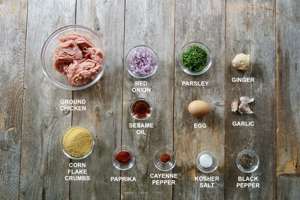 The ingreidents needed to make tender, juicy chicken burger patties.