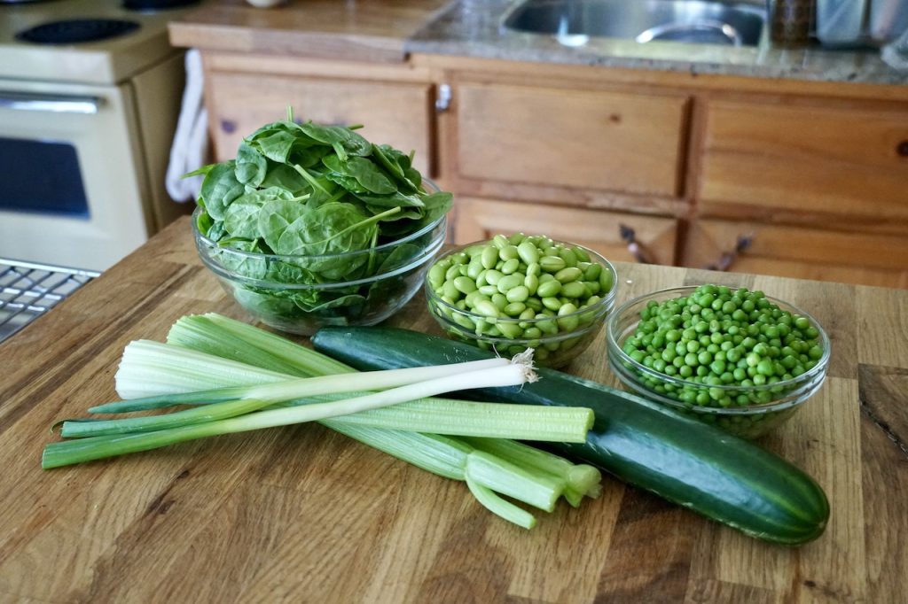 Green vegetable include: spinach, celery, cucumber, green onions, edamame and green peas.
