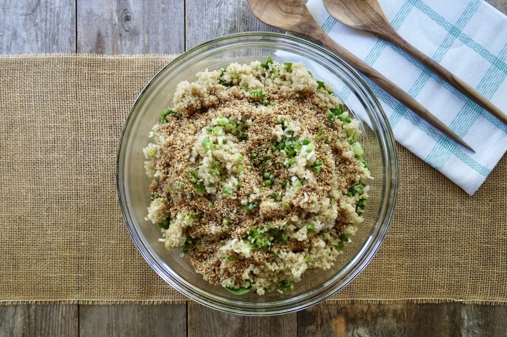 An overhead photograph of the Healthy Quinoa Salad in a large bowl.