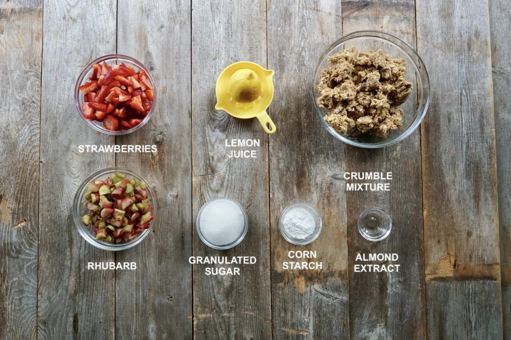 The ingredients needed to make Strawberry Rhubarb Crumble Squares.