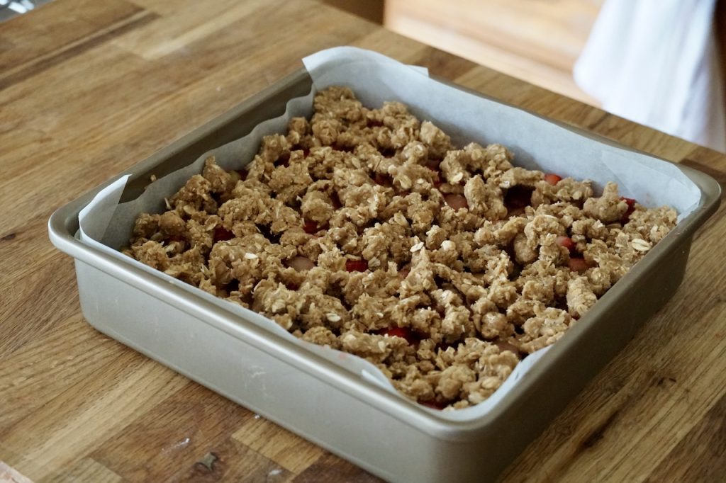 The Strawberry Rhubarb Crumble Squares ready for the oven.