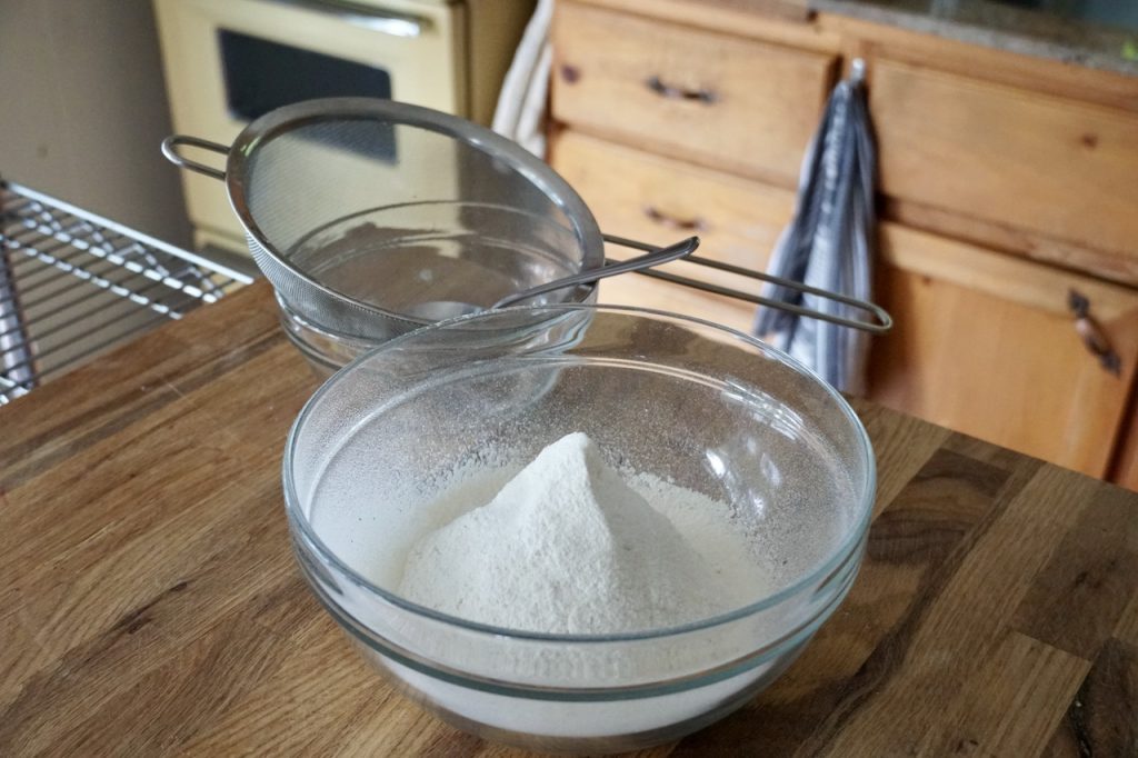 The dry ingredients for the flatbreads after being sifted together.