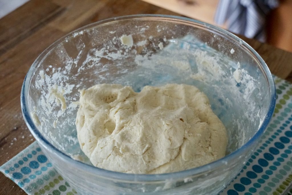 The flatbread dough after being pulled together.
