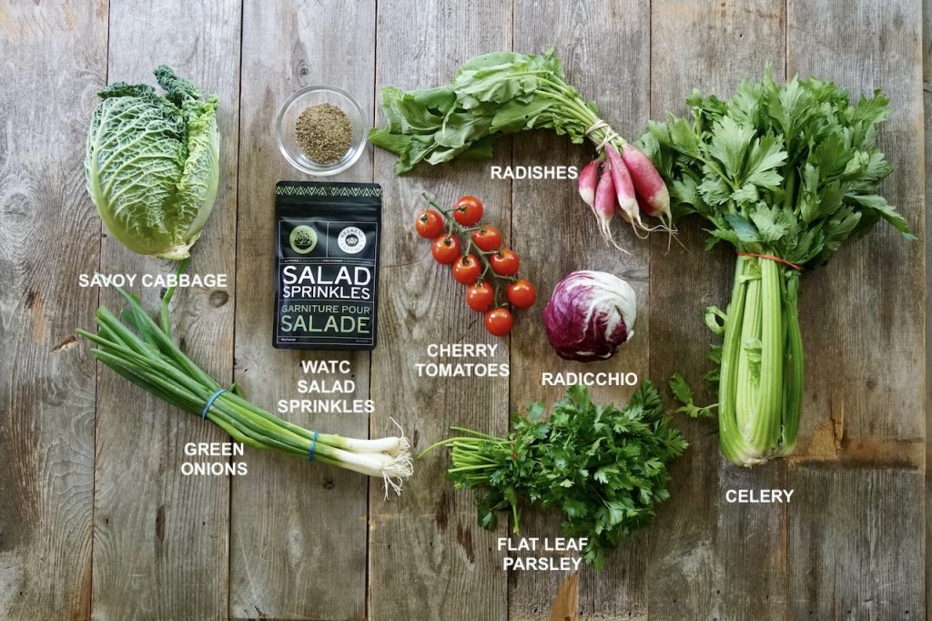 The vegetable ingredients for the crunchy slaw plus WATC Salad Sprinkles.