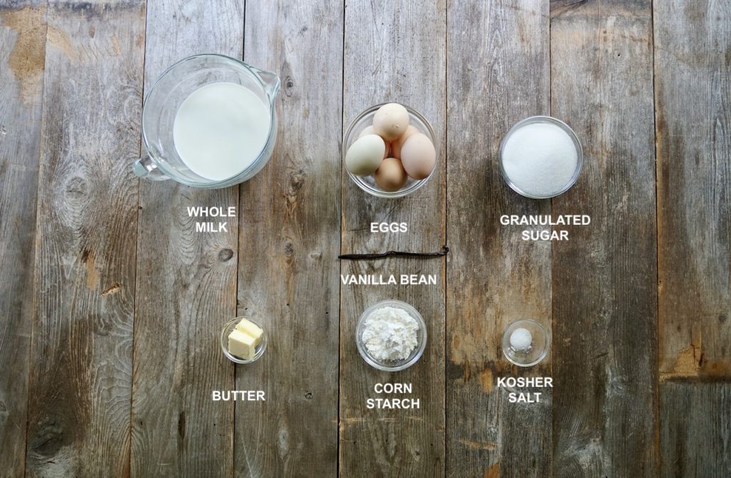 The ingredients for a homemade vanilla custard.