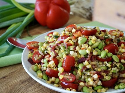 A Summer Succotash Recipe served in a wide, shallow bowl.