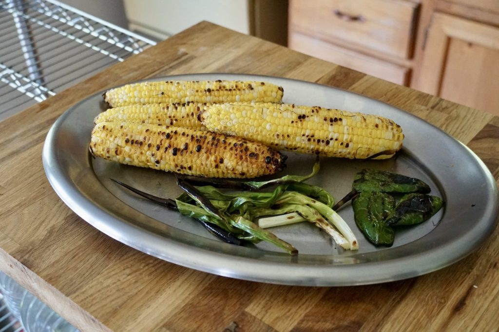 Grilled corn, green onion and a blistered jalapeño pepper.