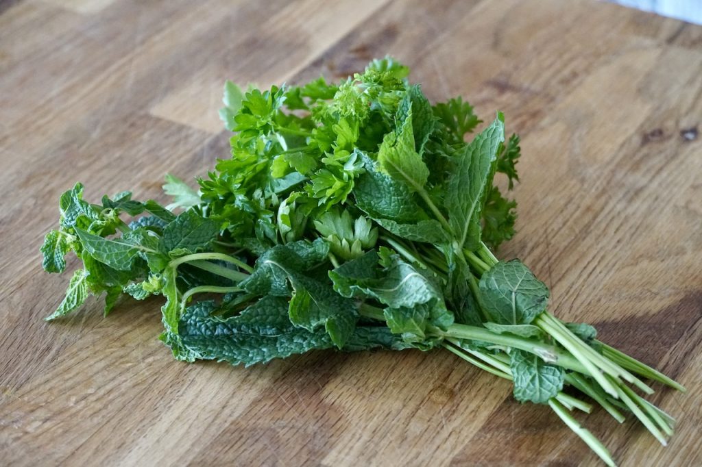 A bouquet of fresh herbs including fresh mint, parsley and flat-leaf parsley.