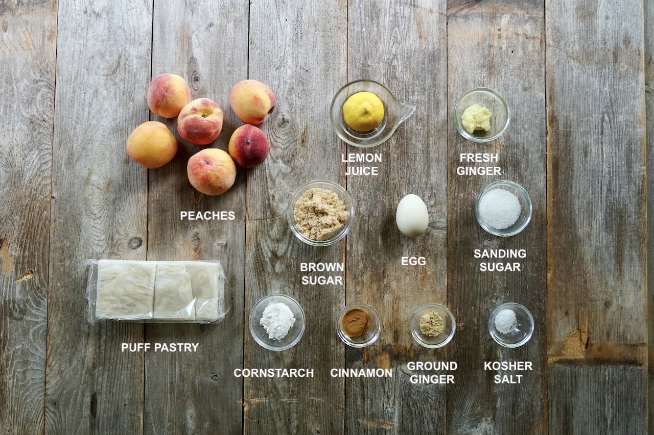 The various ingredients required to make fresh peach turnovers.
