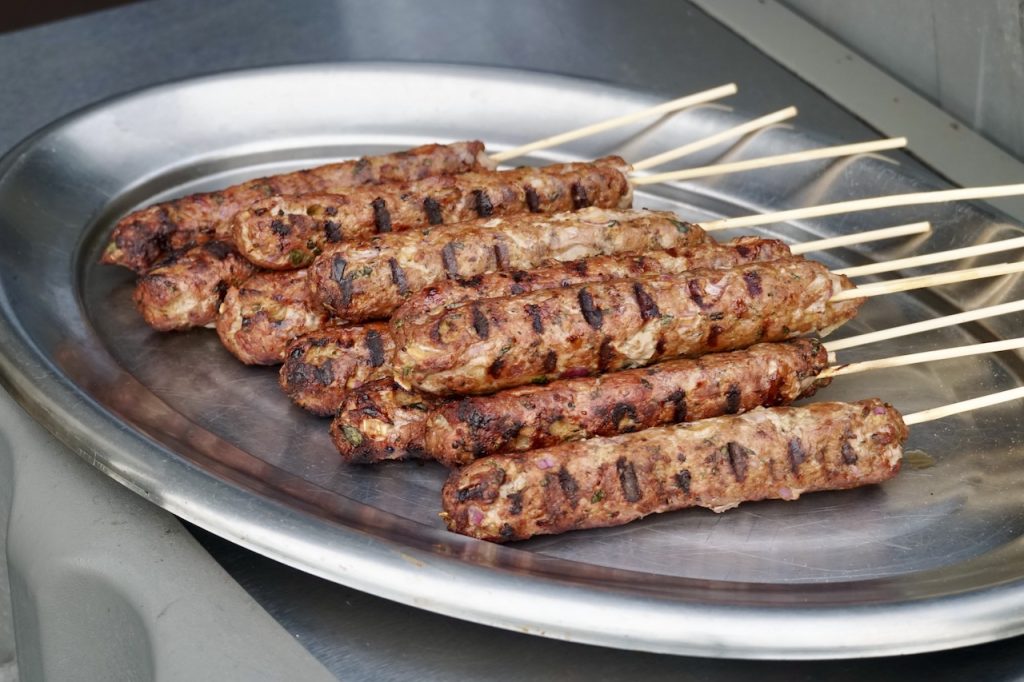 Freshly grilled kofta kebabs.