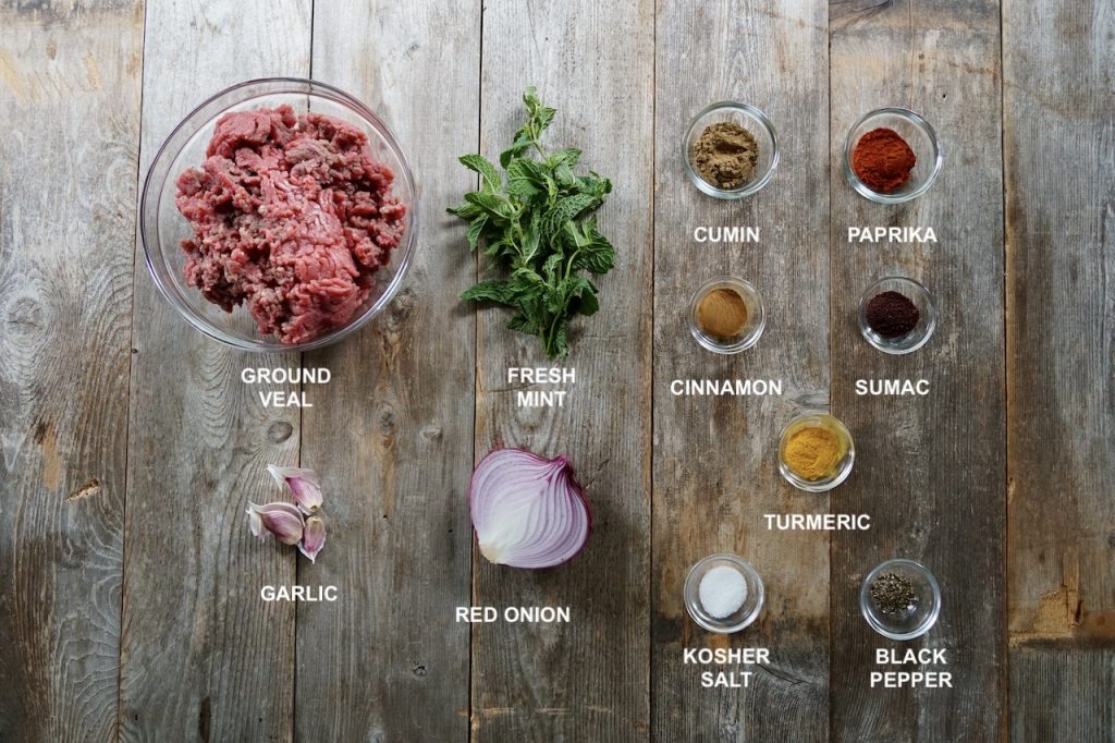 All of the ingredients needed to make the veal kofta kebabs.