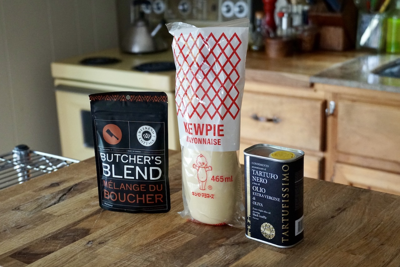 Premium products for a steak sandwich include WATC Butcher's Blend, Kewpie mayonnaise and black truffle oil.