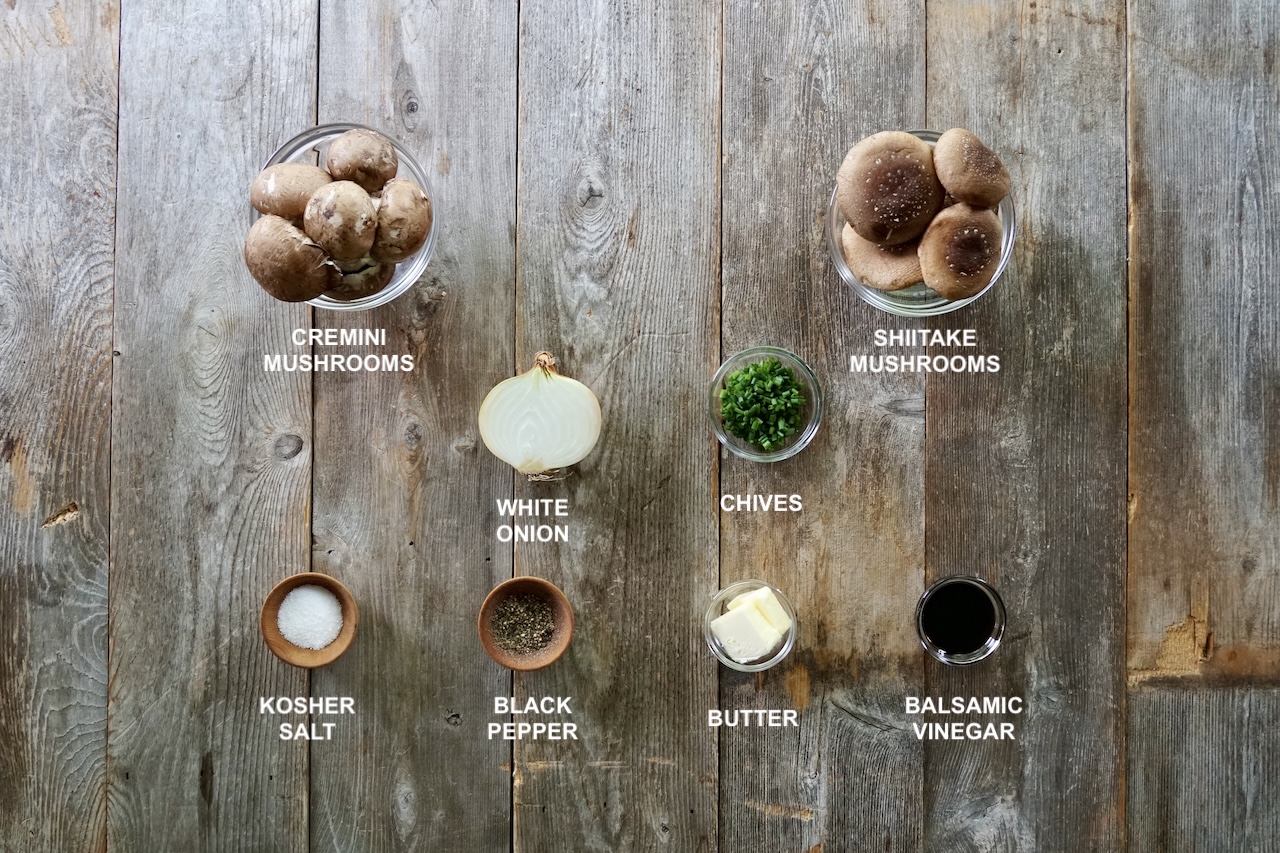 The ingredients for the sautéed mushrooms includes mushrooms, onion, chives and balsamic vinegar.
