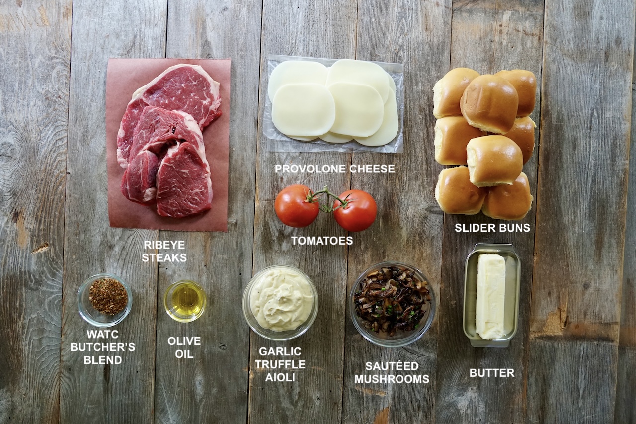 All of the ingredients needed to make the ultimate steak sandwiches.