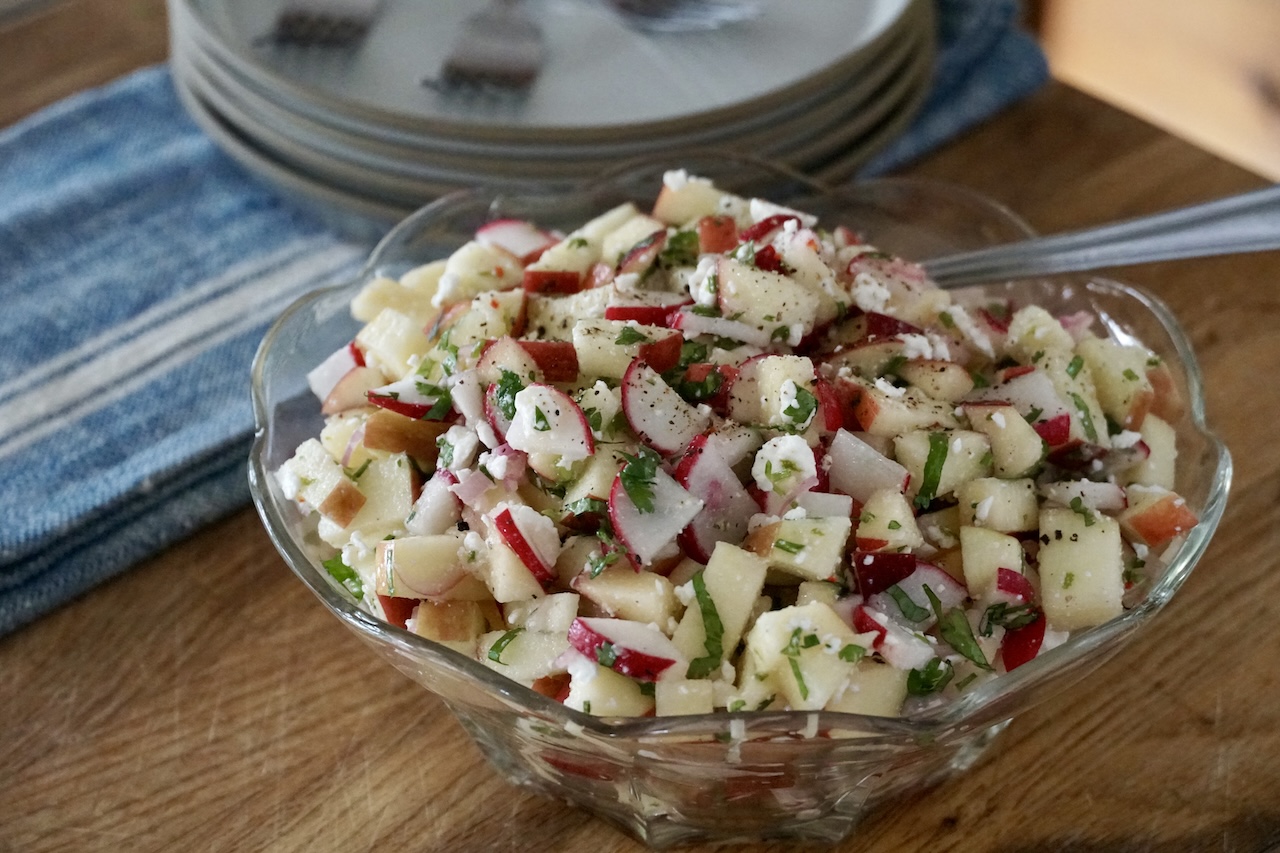 Crunchy Apple Salad with radish and feta cheese.