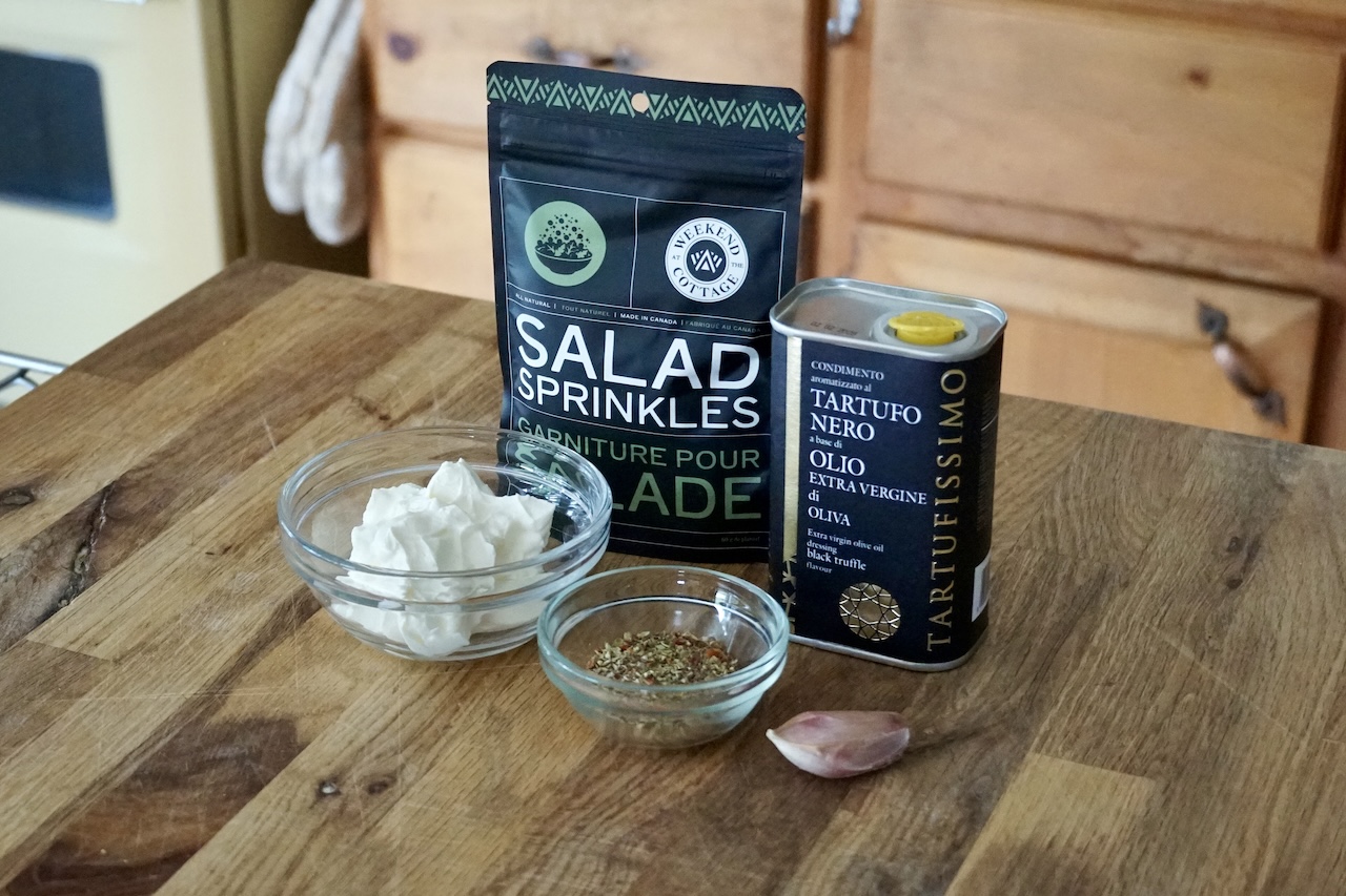 Seasoning for the herbed cream cheese includes WATC Salad Sprinkles or dried oregano, garlic and a favourite oil.