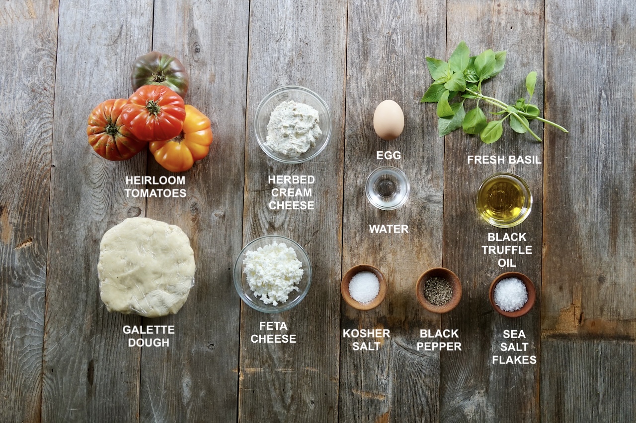 All of the ingredients needed to make the Tomato Galette Recipe.