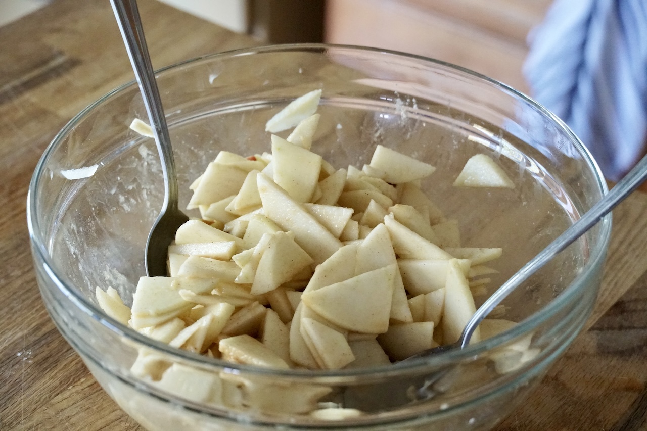 The apple filling mixture stirred together.