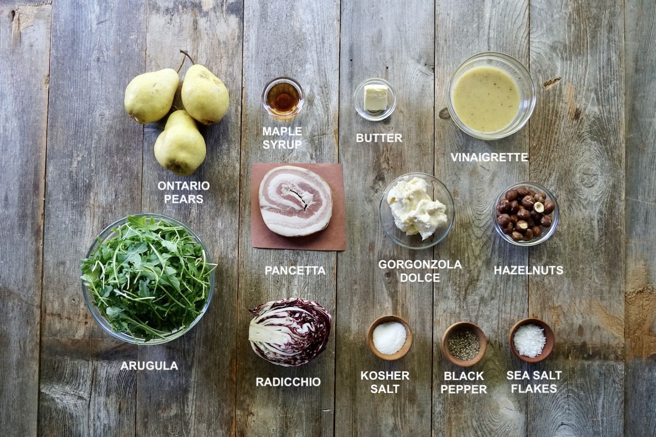 Bowls of ingredients for a roasted pear salad plus pears and pancetta.