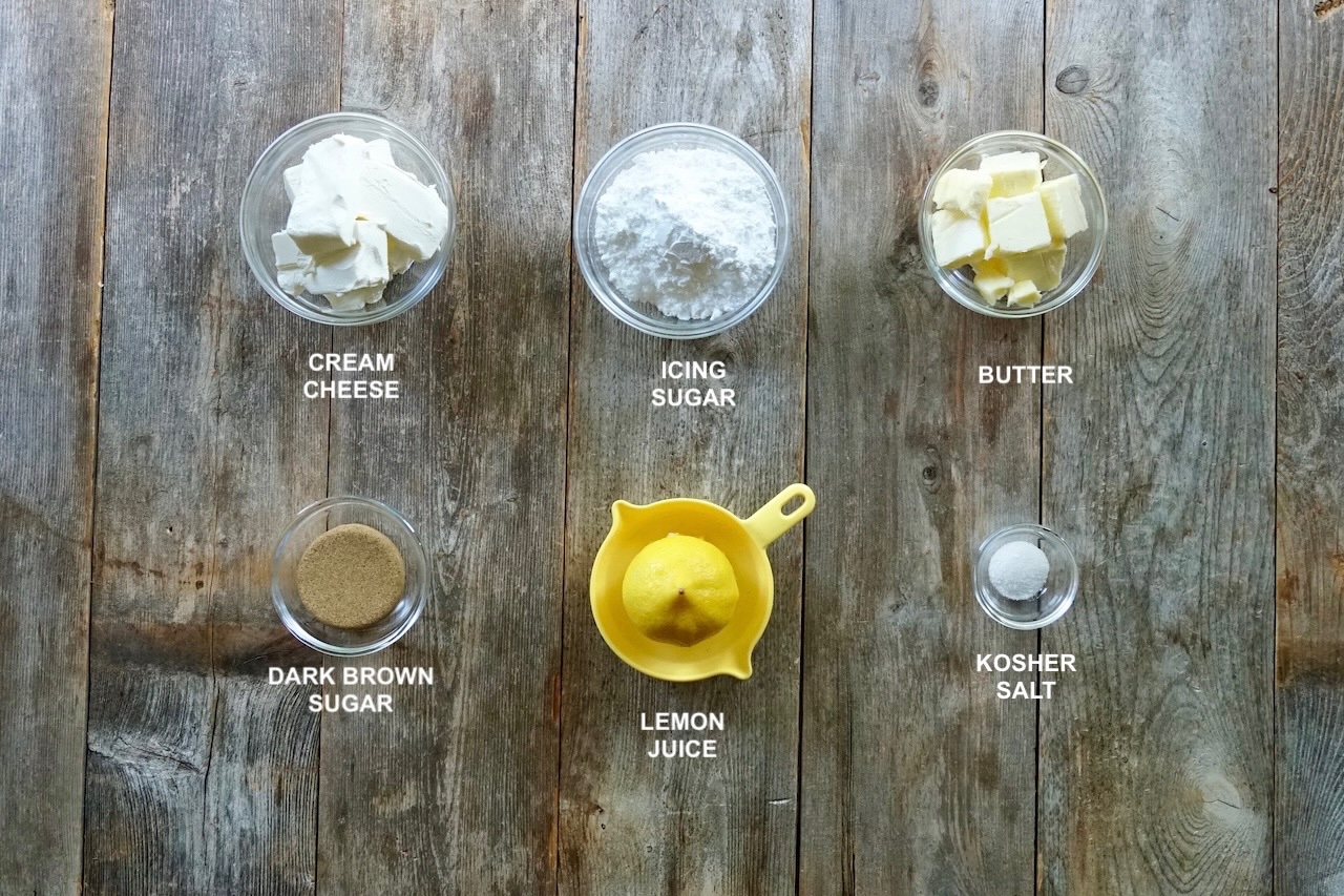 The ingredients needed to make the cream cheese icing.