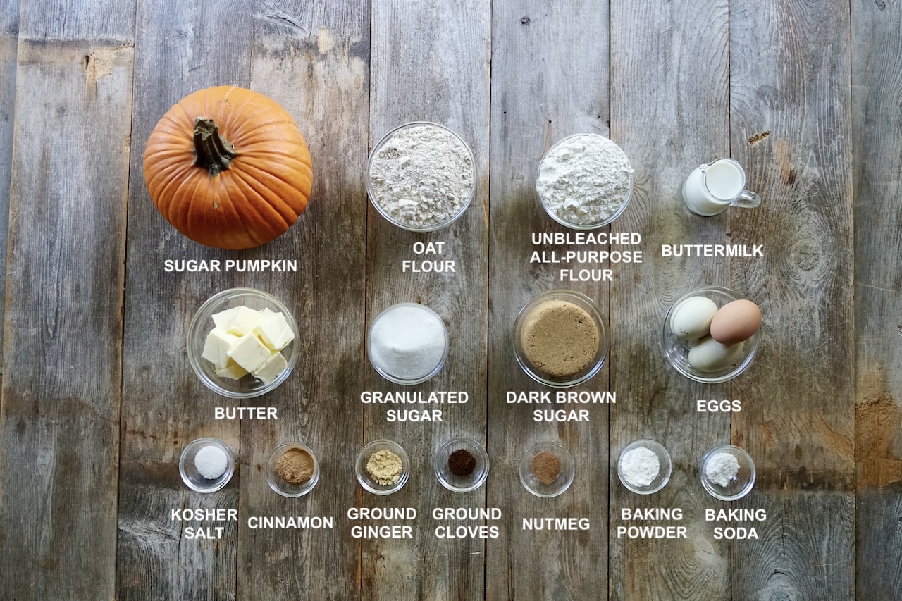 All of the ingredients needed to make the spiced pumpkin cake recipe.
