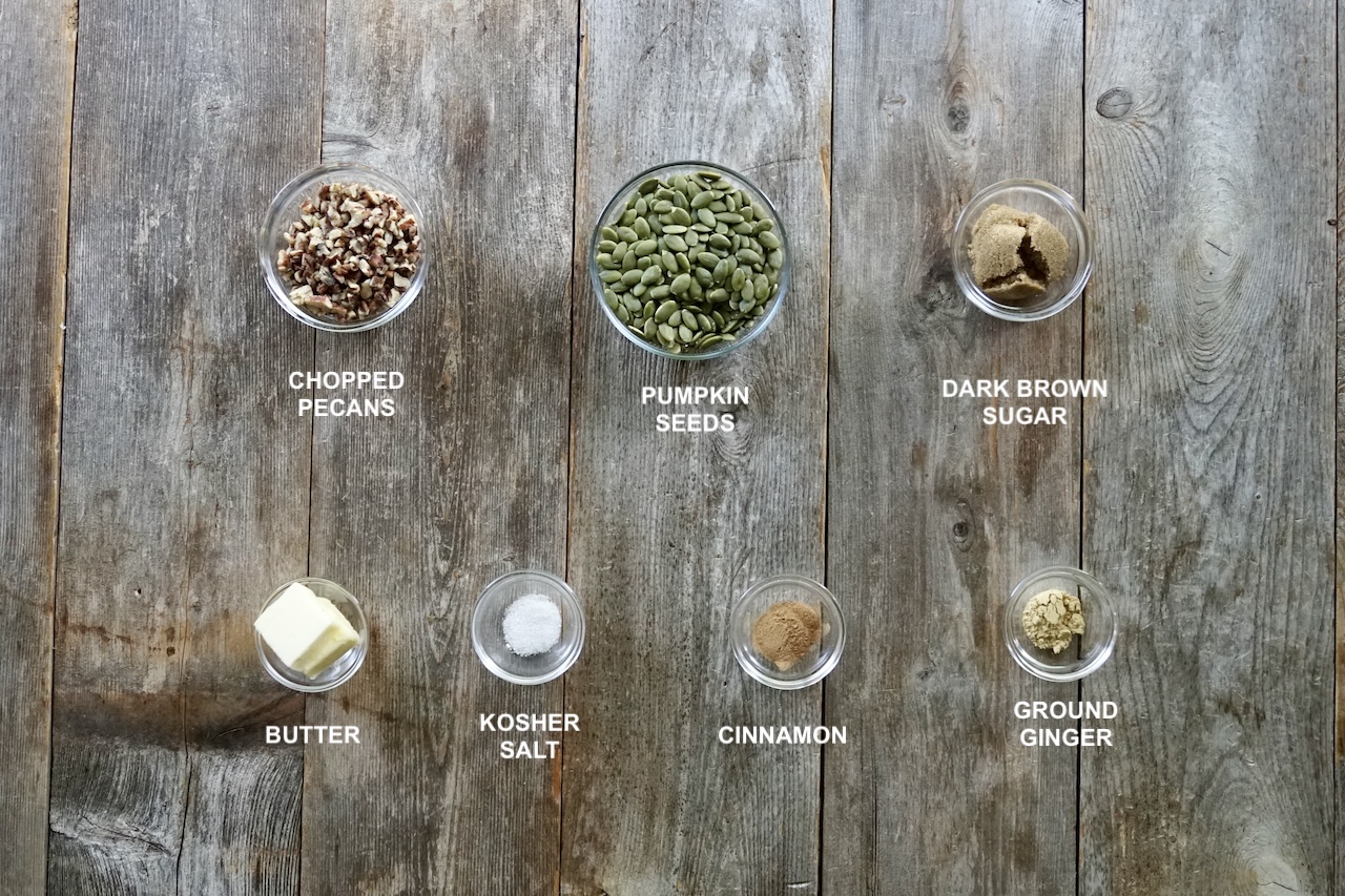 The ingredients needed to make the nut and spiced pumpkin seed topper.