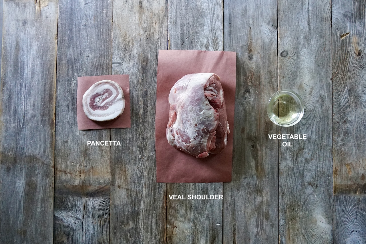 The main meat ingredients include a boneless veal shoulder plus a chunk of pancetta.