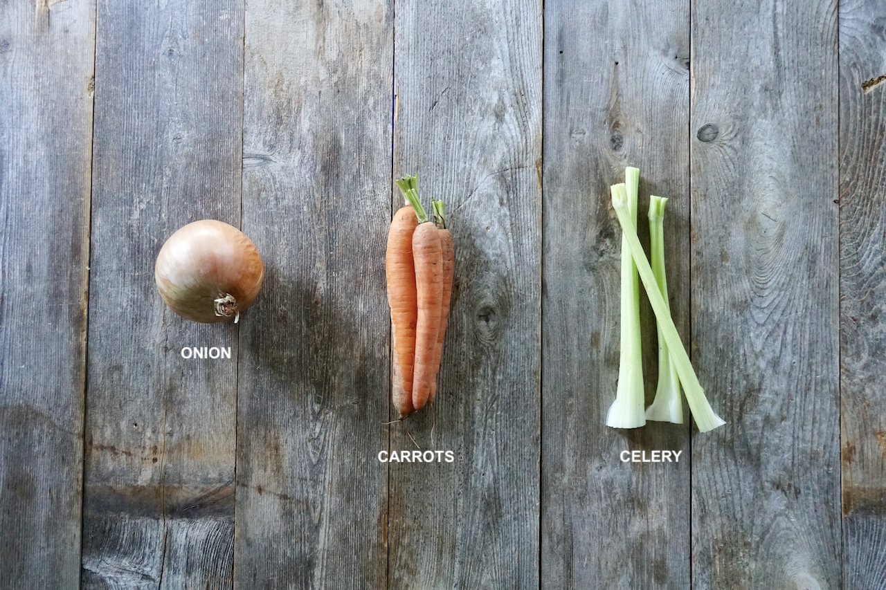 The ingredients for the mirepoix include onion, carrots and celery.
